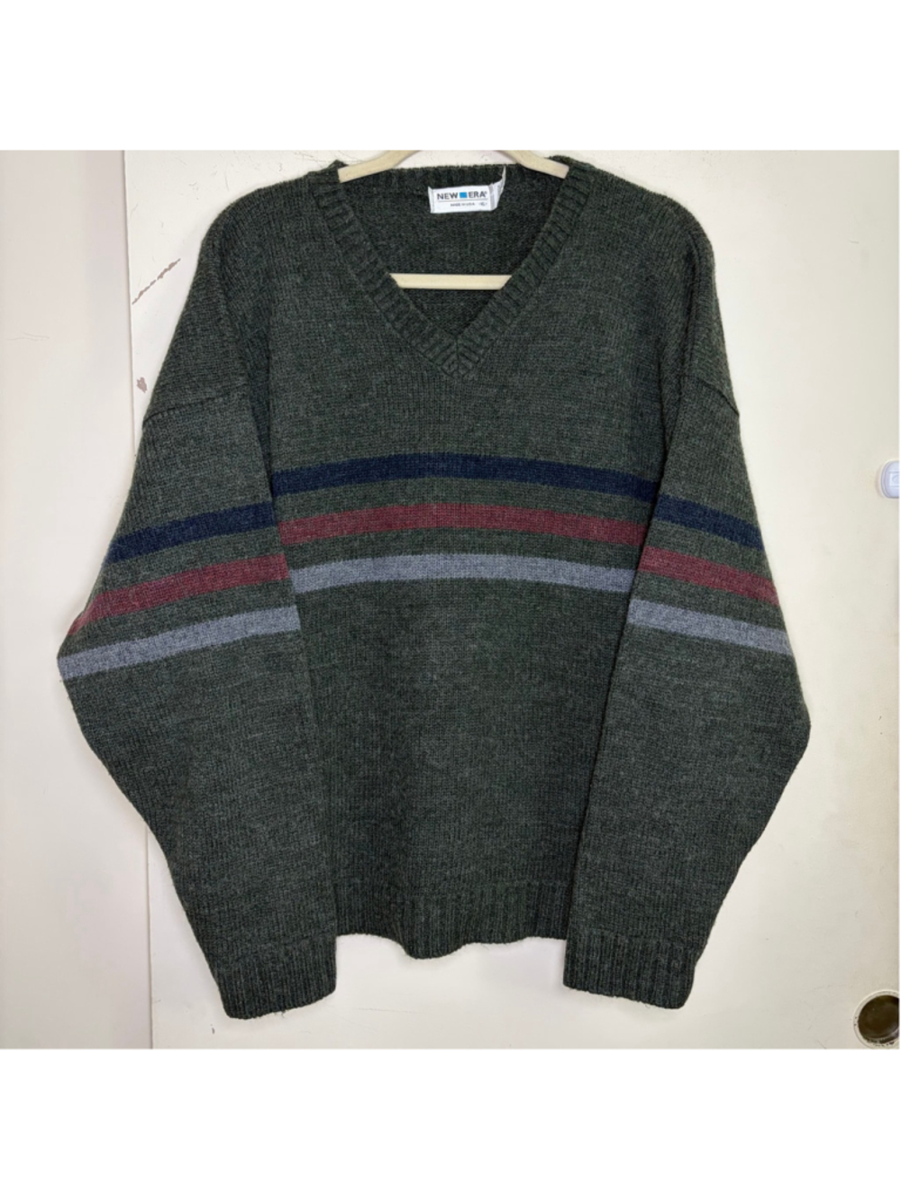 Vintage 90s New Era Striped V-Neck Knit Sweater Mens XL Wool Blend Grandpacore